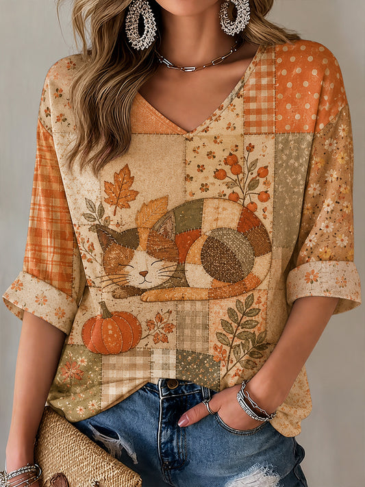Women's Fall Patchwork Print Casual V-Neck T-Shirt