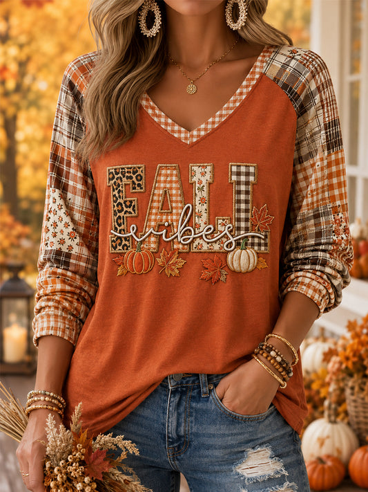 Women's Fall Vibes Pumpkin Plaid Print Casual Long-Sleeve V-Neck T-Shirt