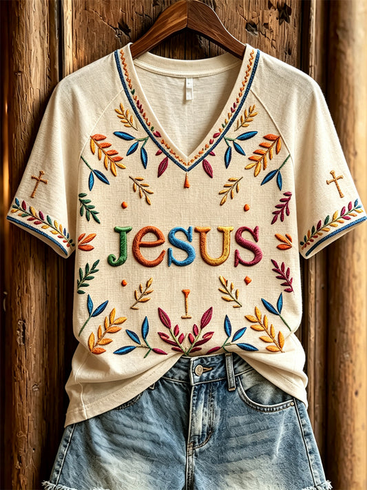 Women's Jesus & Cross Colorful Wheat Print short-sleeved T-shirt