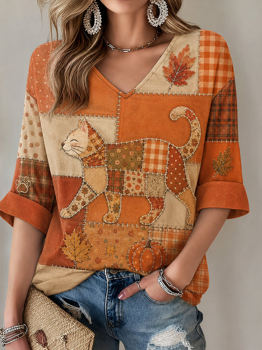 Women's Fall Patchwork Print Casual V-Neck T-Shirt
