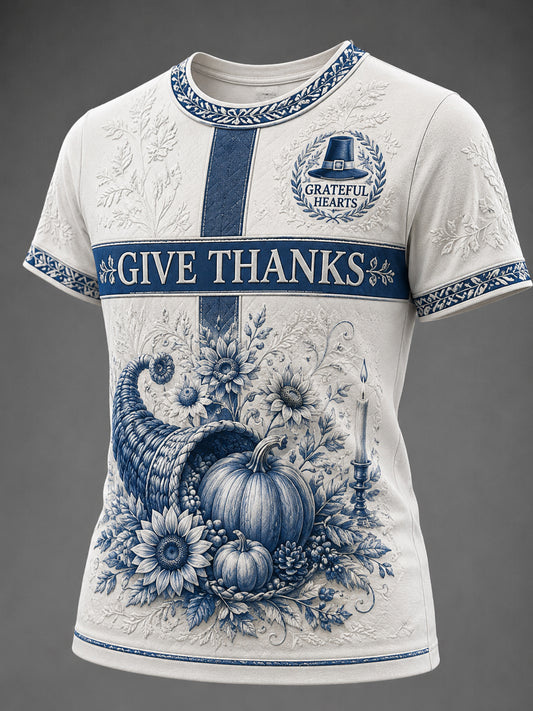 Women's Autumn Thanksgiving Themed Art Print Crew Neck Short Sleeve T-Shirt