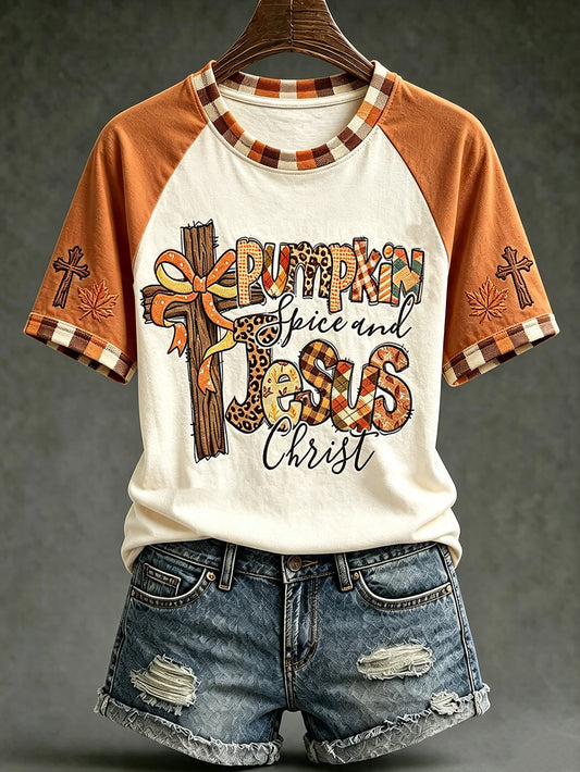Women's autumn theme faith fun slogan pattern printed casual round neck short sleeve T-shirt