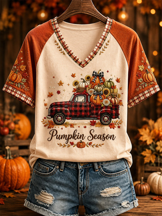 Women's Fall Print Casual V-Neck Tee