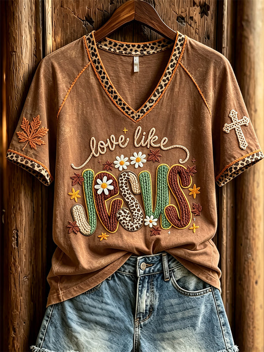 Women's Love Like Jesus Fall Leaves Floral Crochet Art Print short-sleeved T-shirt