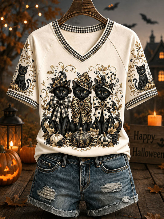 Women’s Halloween Black Cats V-Neck T-Shirts