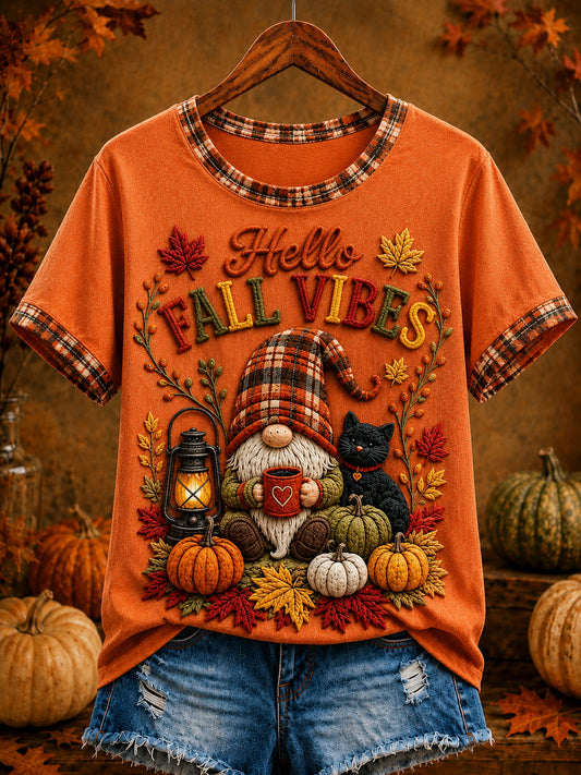 Women's Autumn Pumpkin Black Cat Maple Leaf Art Short Sleeve T-shirt