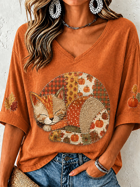 Women's Fall Patchwork Print Casual V-Neck T-Shirt
