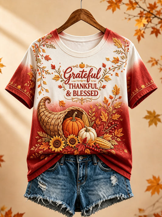 Women's Autumn Thanksgiving Themed Art Print Crew Neck Short Sleeve T-Shirt