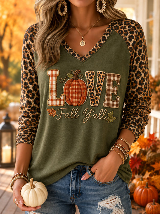 Women's Love Fall Y’all Plaid Pumpkin Print Casual Long-Sleeve V-Neck T-Shirt