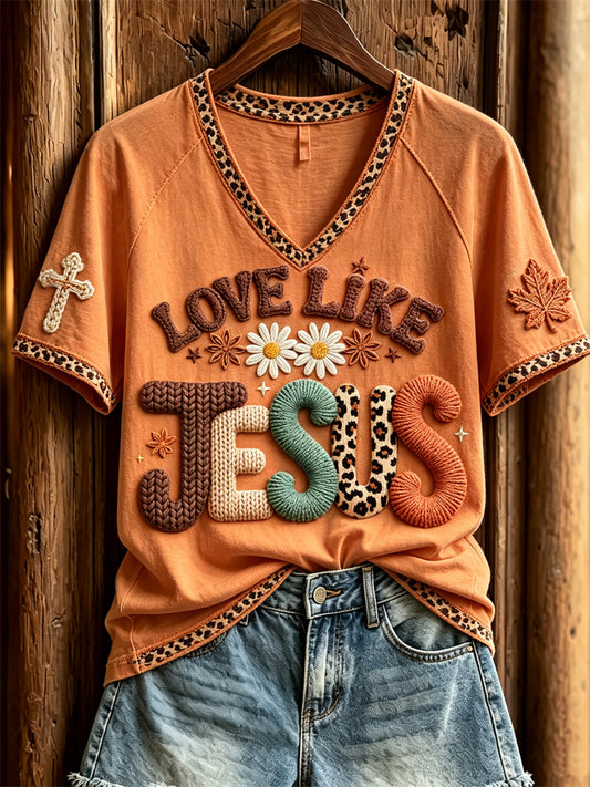 Women's Love Like Jesus Fall Leaves Floral Crochet Art Print short-sleeved T-shirt