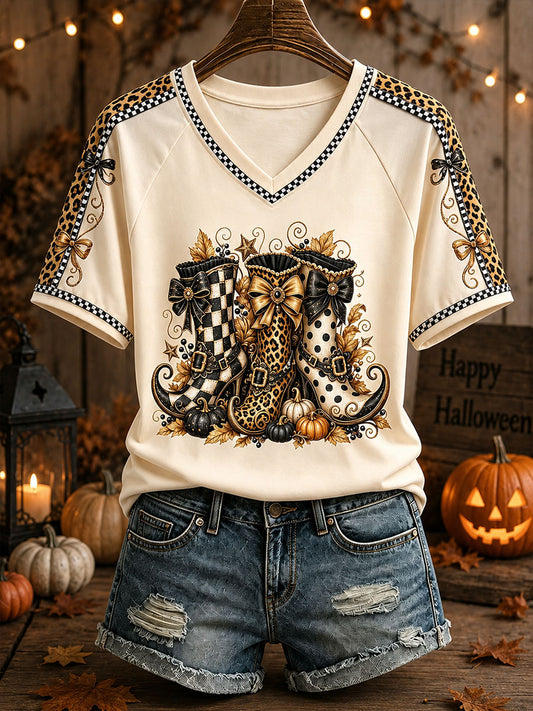 Women's Halloween Boots Print V-Neck T-Shirts