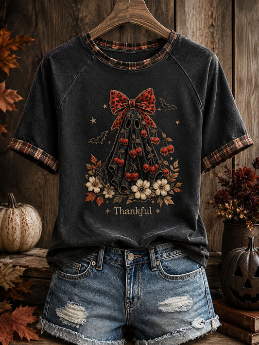 Women's Cute Ghost Plaid Patchwork T-Shirt