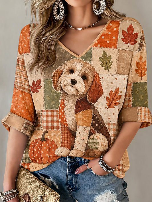 Women's Fall Patchwork Print Casual V-Neck T-Shirt