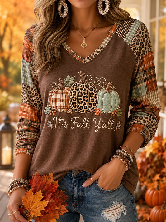 Women's It's Fall Y‘all Plaid Pumpkins Print Casual Long-Sleeve V-Neck T-Shirt