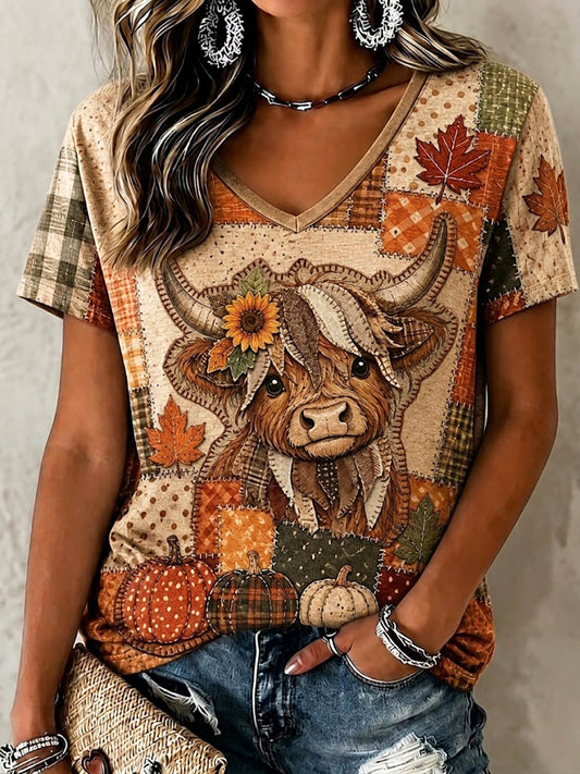 Women's Fall Patchwork Print Casual V-Neck T-Shirt