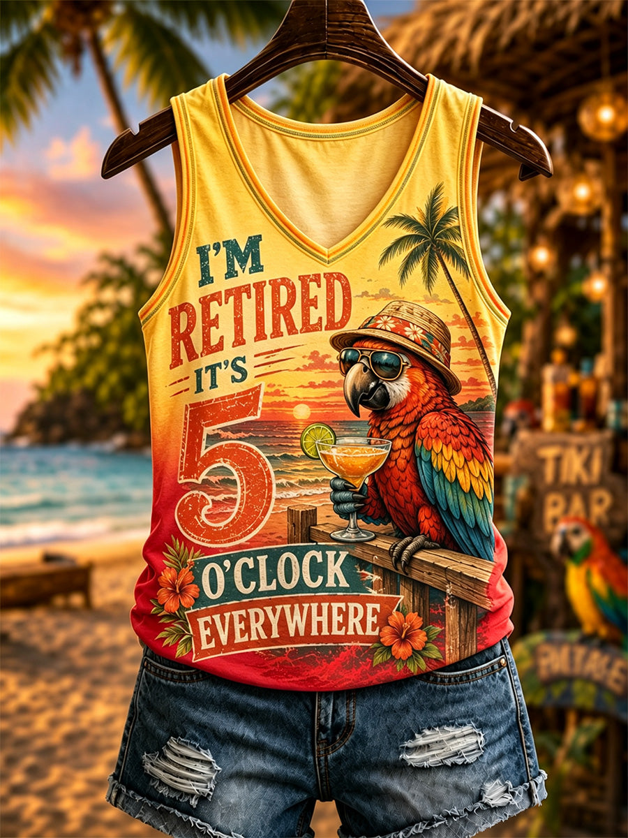 Women's I'm Retired It's 5 O'clock Everywhere Parrot Print Casual V-Neck Vest