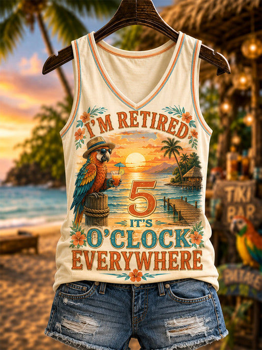 Women's I'm Retired It's 5 O'clock Everywhere Parrot Print Casual V-Neck Vest