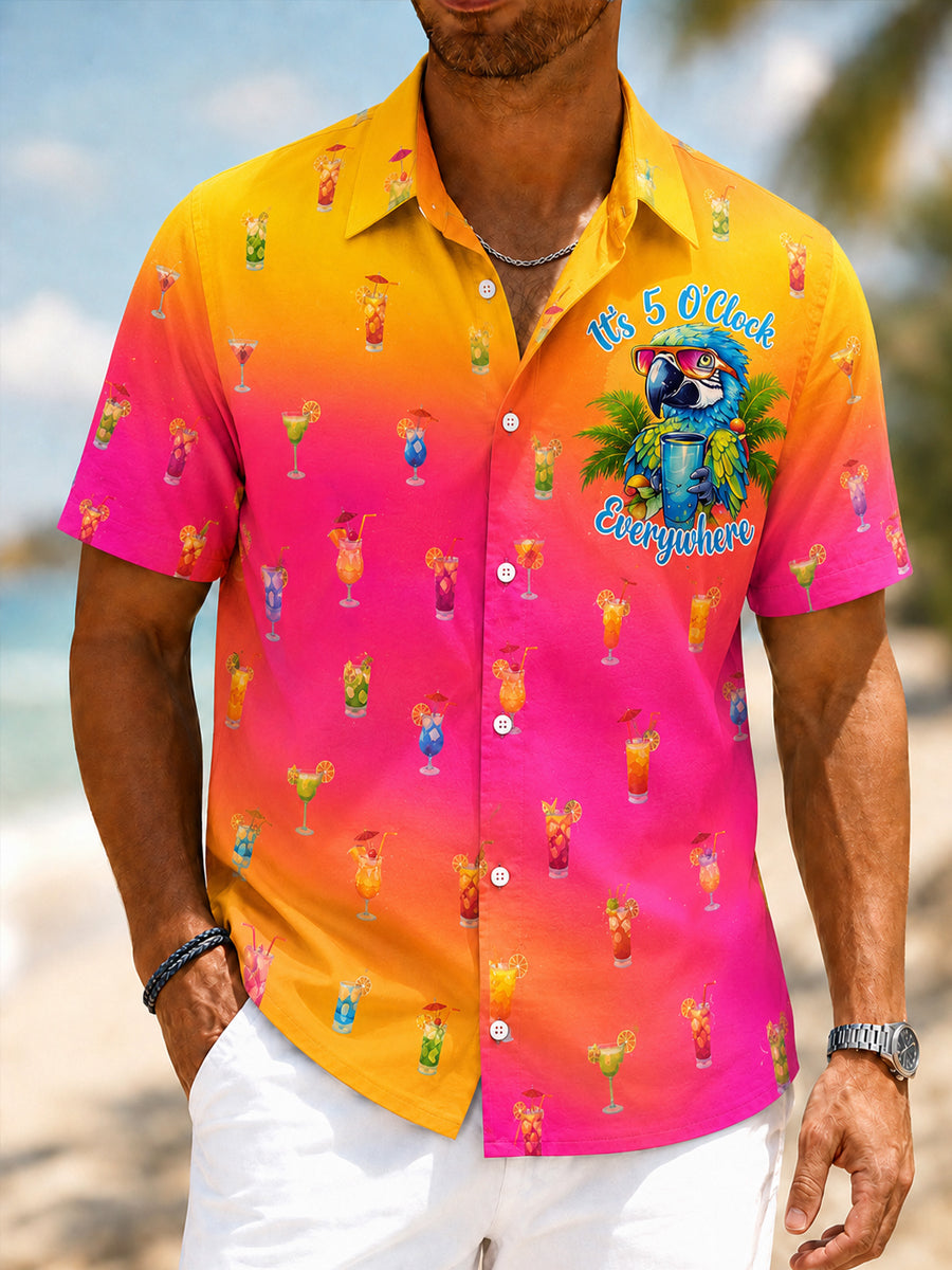 Men's I'm Retired It's 5 O'clock Everywhere Parrot Print Casual  Short Sleeve Shirt