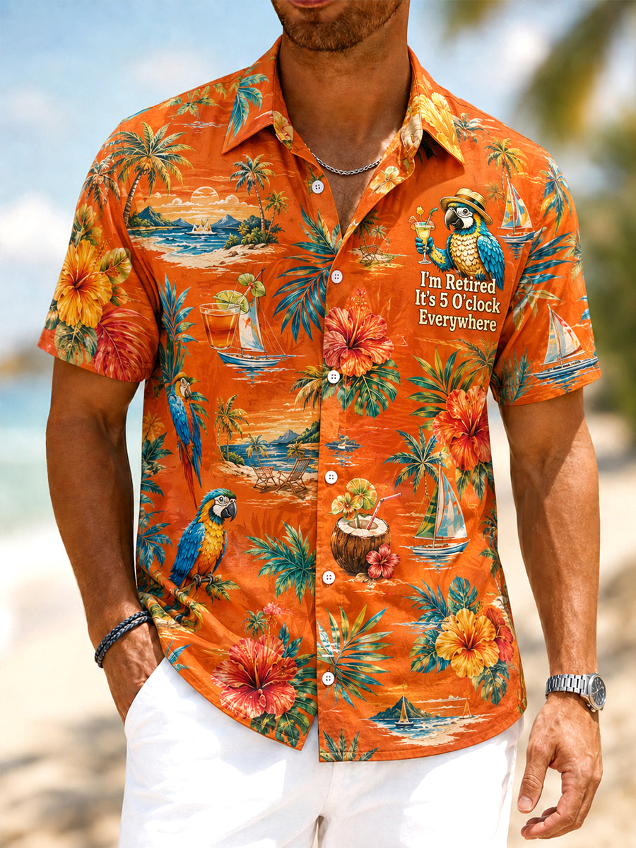 Men's I'm Retired It's 5 O'clock Everywhere Parrot Floral Print Casual Short Sleeve Shirt