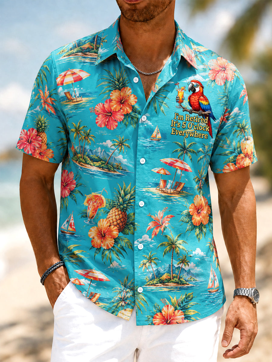 Men's I'm Retired It's 5 O'clock Everywhere Parrot Floral Print Casual Short Sleeve Shirt