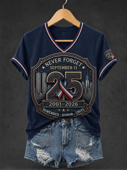 Women's 9.11 Never Forget Printed V-neck T-shirt