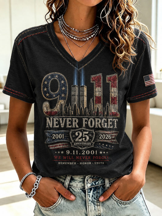 Women's 9.11 Never Forget Printed V-neck T-shirt