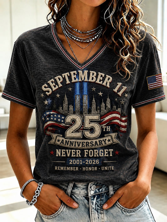 Women's 9.11 Never Forget Printed V-neck T-shirt