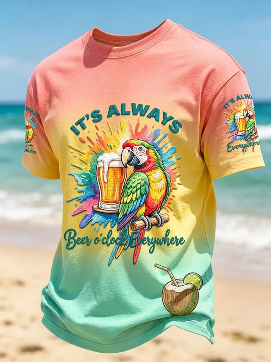 Men's  I'm Retired It's Beer O'clock Everywhere Parrot Print Short Sleeve  T-shirt