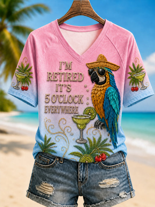 Women's I'm Retired It's 5 O'clock Everywhere Parrot  V-neck Short Sleeve T-shirt
