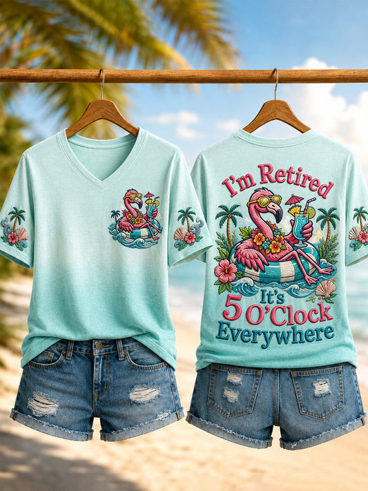 Women's I'm Retired It's 5 O'clock Everywhere Flamingo Print Casual V-Neck Tee