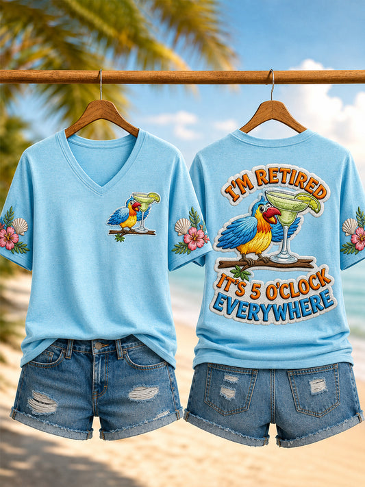 Women's I'm Retired It's 5 O'clock Everywhere Parrot Print Casual V-Neck Tee