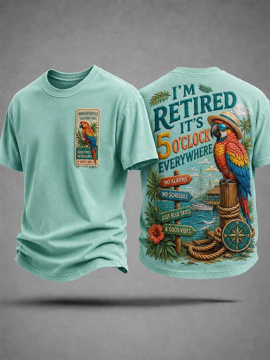 Men's I'm Retired It's 5 O'clock Everywhere Parrot Print Casual Tee