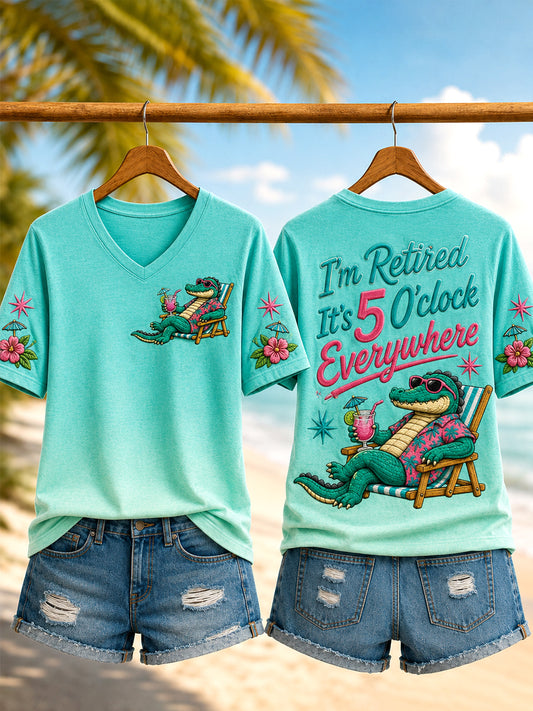 Women's I'm Retired It's 5 O'clock Everywhere Crocodile Print Casual V-Neck Tee