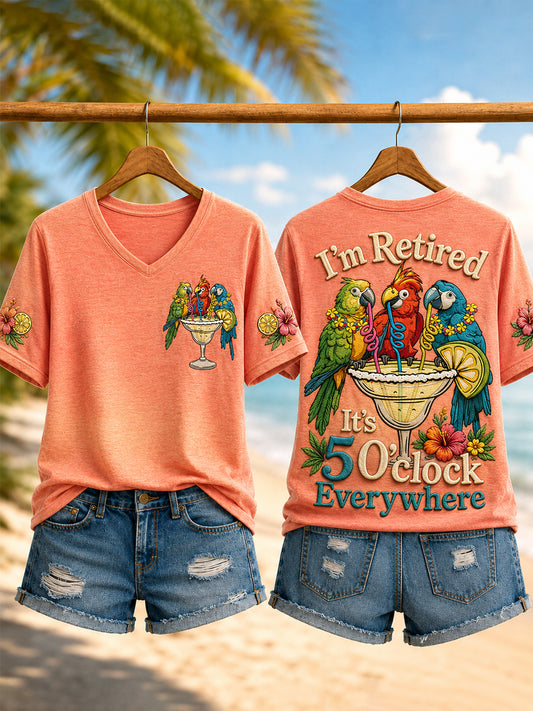 Women's I'm Retired It's 5 O'clock Everywhere Parrots Print Casual V-Neck Tee