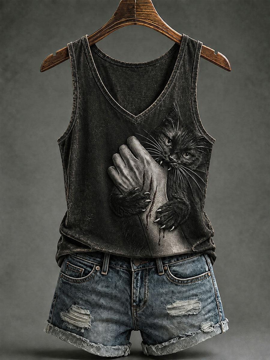 Women's Gothic Black Cat V-Neck Vests