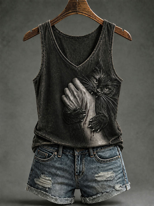 Women's Gothic Black Cat V-Neck Vests