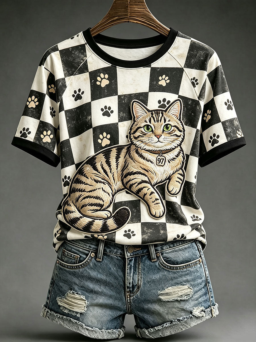 Women's Vintage Black and White Plaid Cat Print T-Shirts