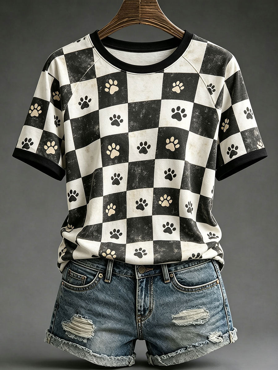 Women's Vintage Black and White Plaid Cat Paw Print T-Shirts