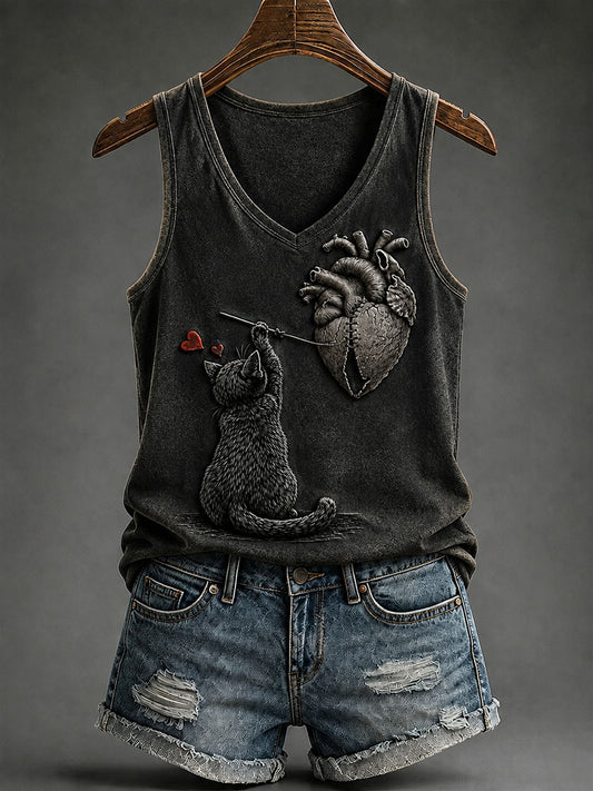 Women's Gothic Black Cat V-Neck Vests