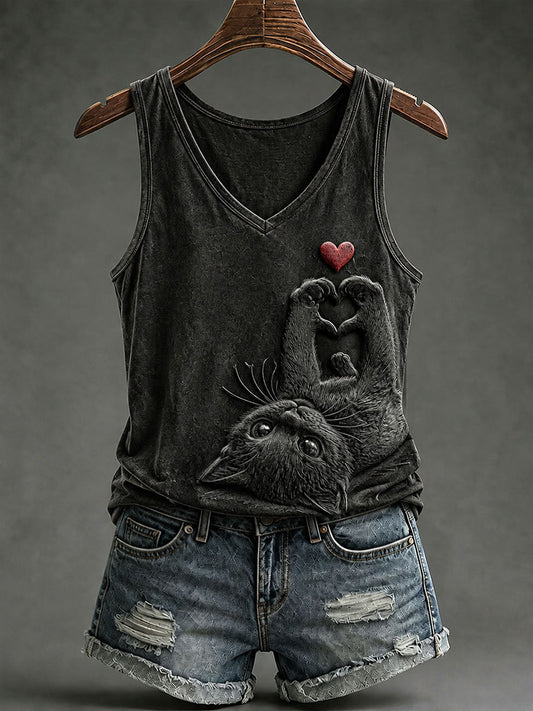 Women's Gothic Black Cat V-Neck Vests