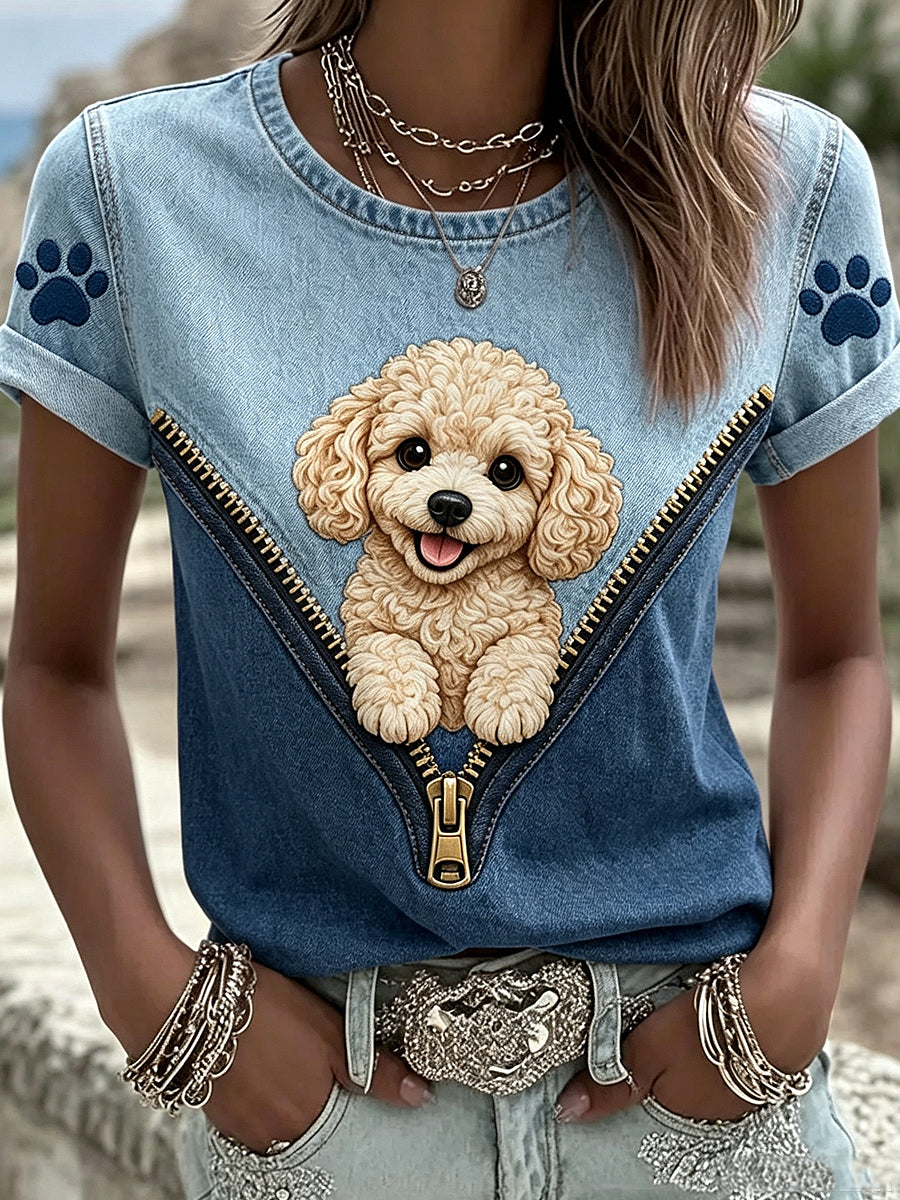 Women's Animal Dog Zipper Printed Vintage Fashion Loose Short Sleeve T-Shirt