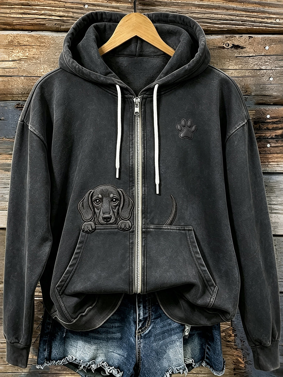Women's Cute Peeking Dachshund with Paw Print Cozy Zip-Up Hoodie