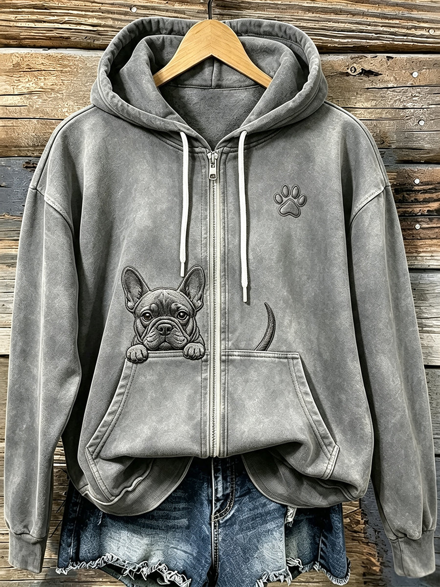 Women's Cute Peeking French Bulldog with Paw Print Cozy Zip-Up Hoodie