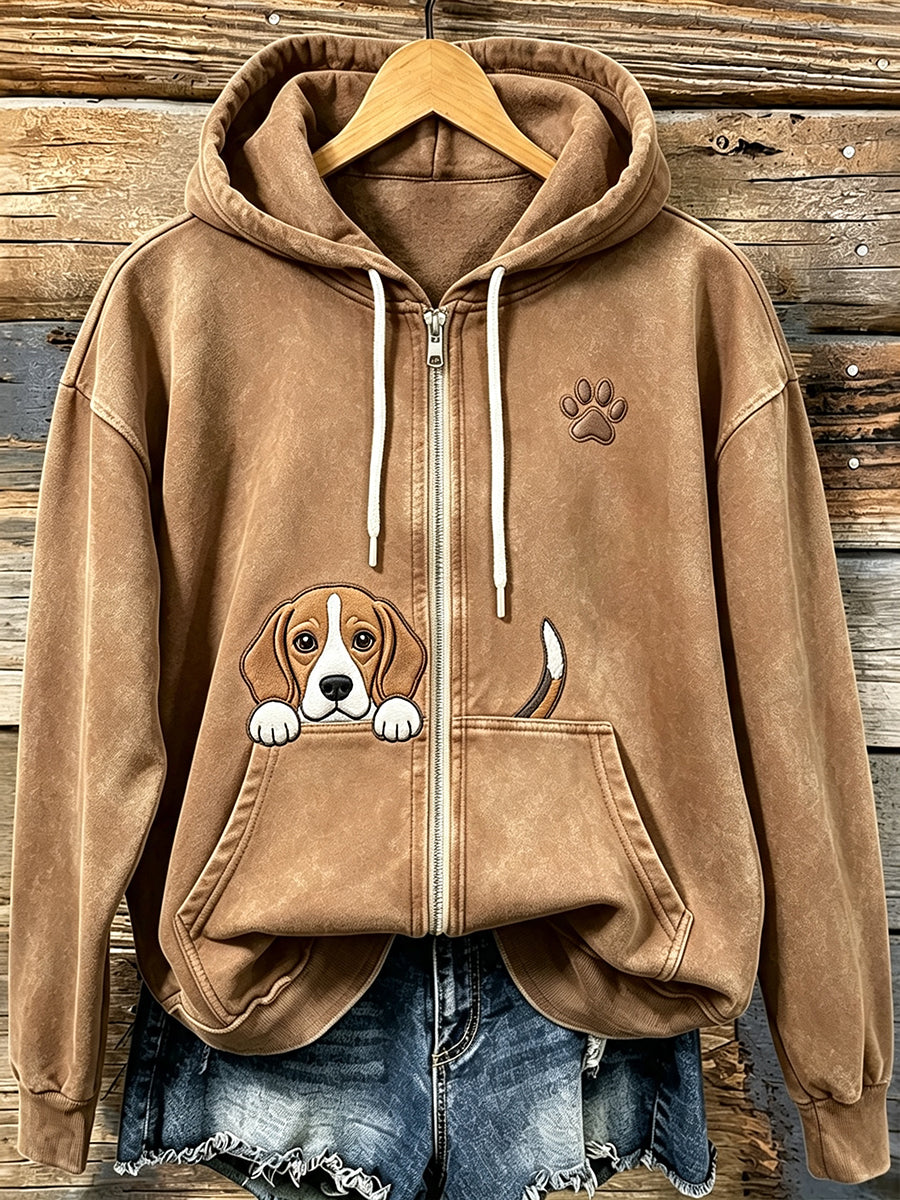 Women's Cute Peeking Beagle with Paw Print Cozy Zip-Up Hoodie
