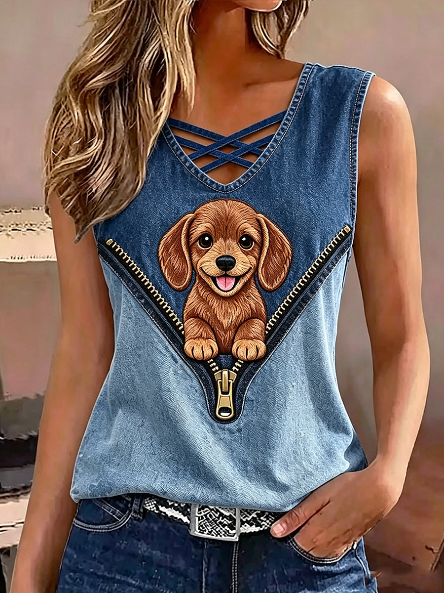 Women's Animal Dog Zipper Print Sleeveless Tank Top