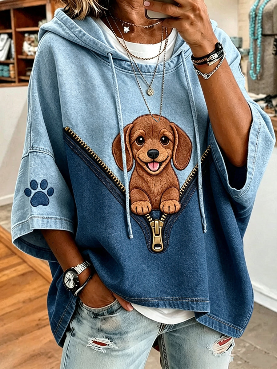 Women's Animal Dog Zipper Printed Round-Neck Three-Quarter Sleeve Sweatshirt