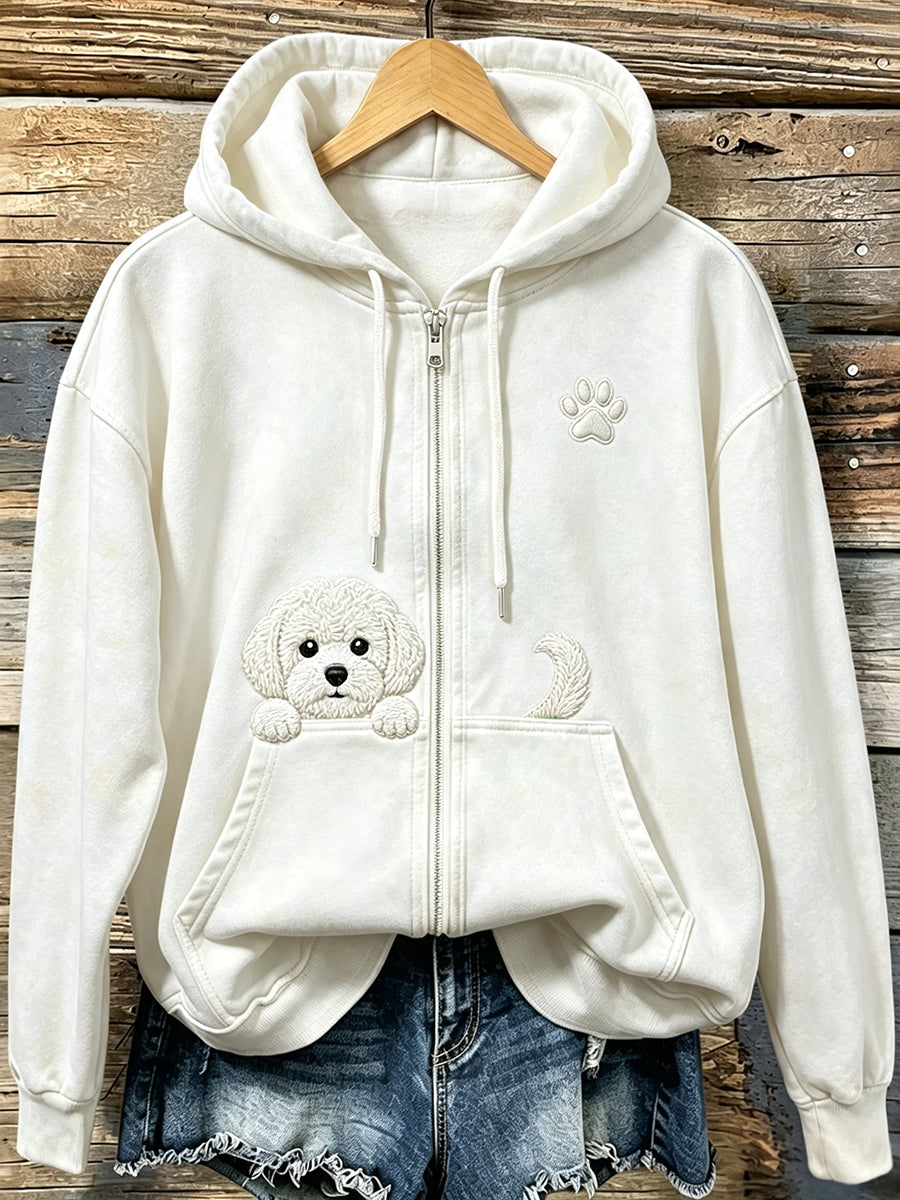 Women's Cute Peeking Bichon Frize with Paw Print Cozy Zip-Up Hoodie
