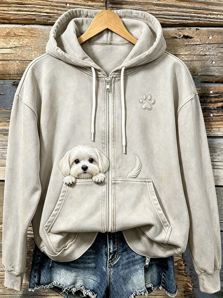 Women's Cute Peeking Maltese Dog with Paw Print Cozy Zip-Up Hoodie