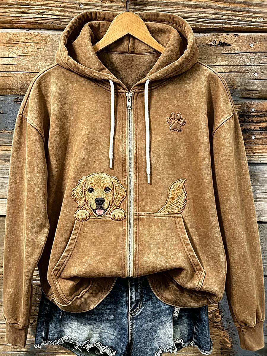 Women's Cute Peeking Golden Retriever with Paw Print Cozy Zip-Up Hoodie