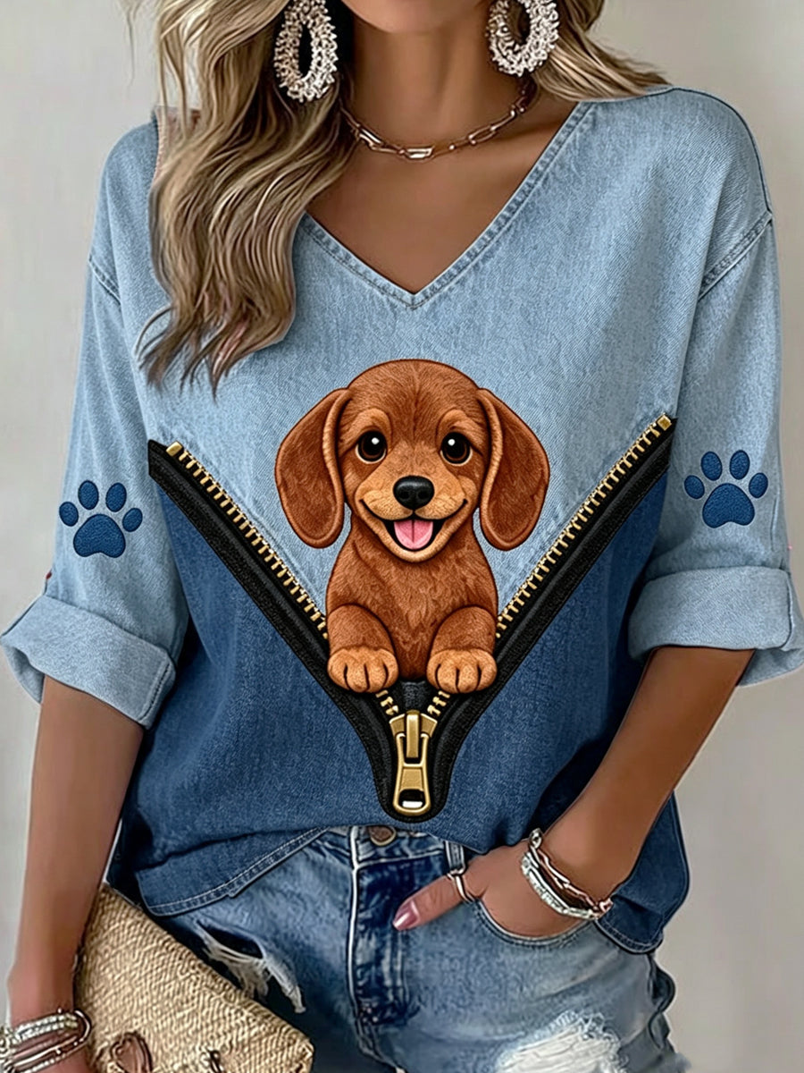 Women's Animal Dog Zipper V-neck Mid-Sleeve printed Casual T-shirt